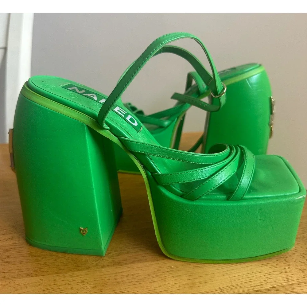 Y2K Naked Wolfe Jada Green Leather Platform Sandal Square Block Heel Size 9 US